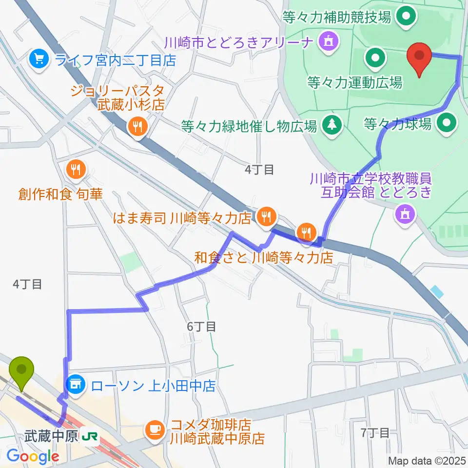 等々力緑地中央グラウンドの最寄駅武蔵中原駅からの徒歩ルート（約17分）地図