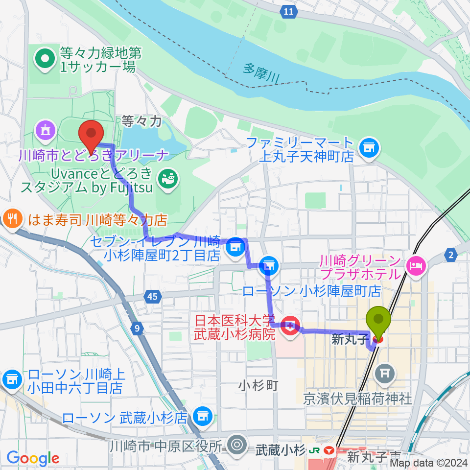 新丸子駅から等々力緑地中央グラウンドへのルートマップ地図