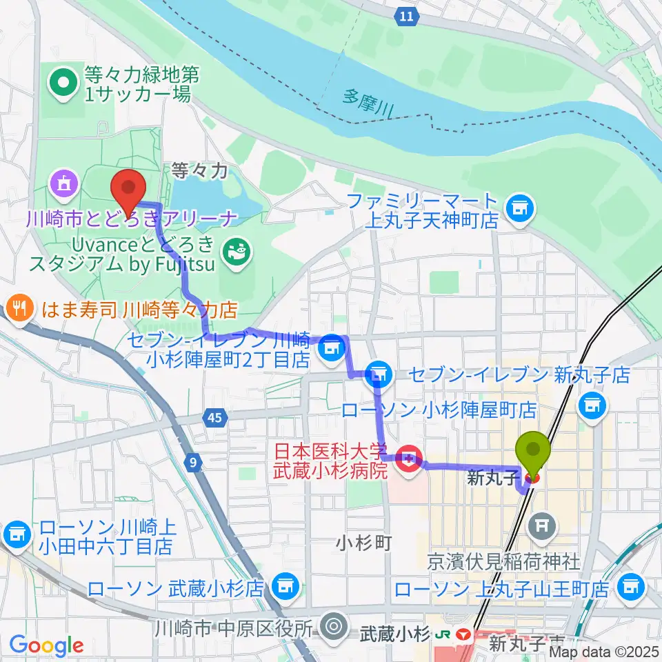 新丸子駅から等々力緑地中央グラウンドへのルートマップ地図