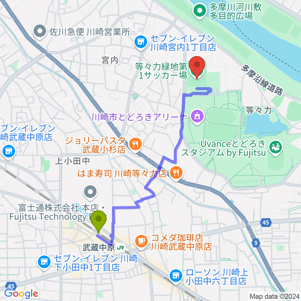 等々力第1・第2サッカー場の最寄駅武蔵中原駅からの徒歩ルート（約19分）地図