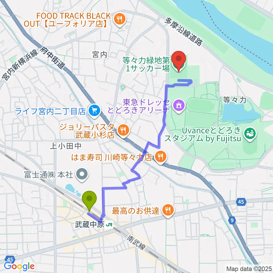等々力第1・第2サッカー場の最寄駅武蔵中原駅からの徒歩ルート（約19分）地図