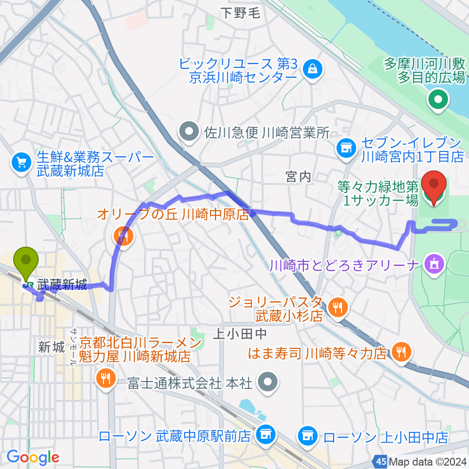 武蔵新城駅から等々力第1・第2サッカー場へのルートマップ地図