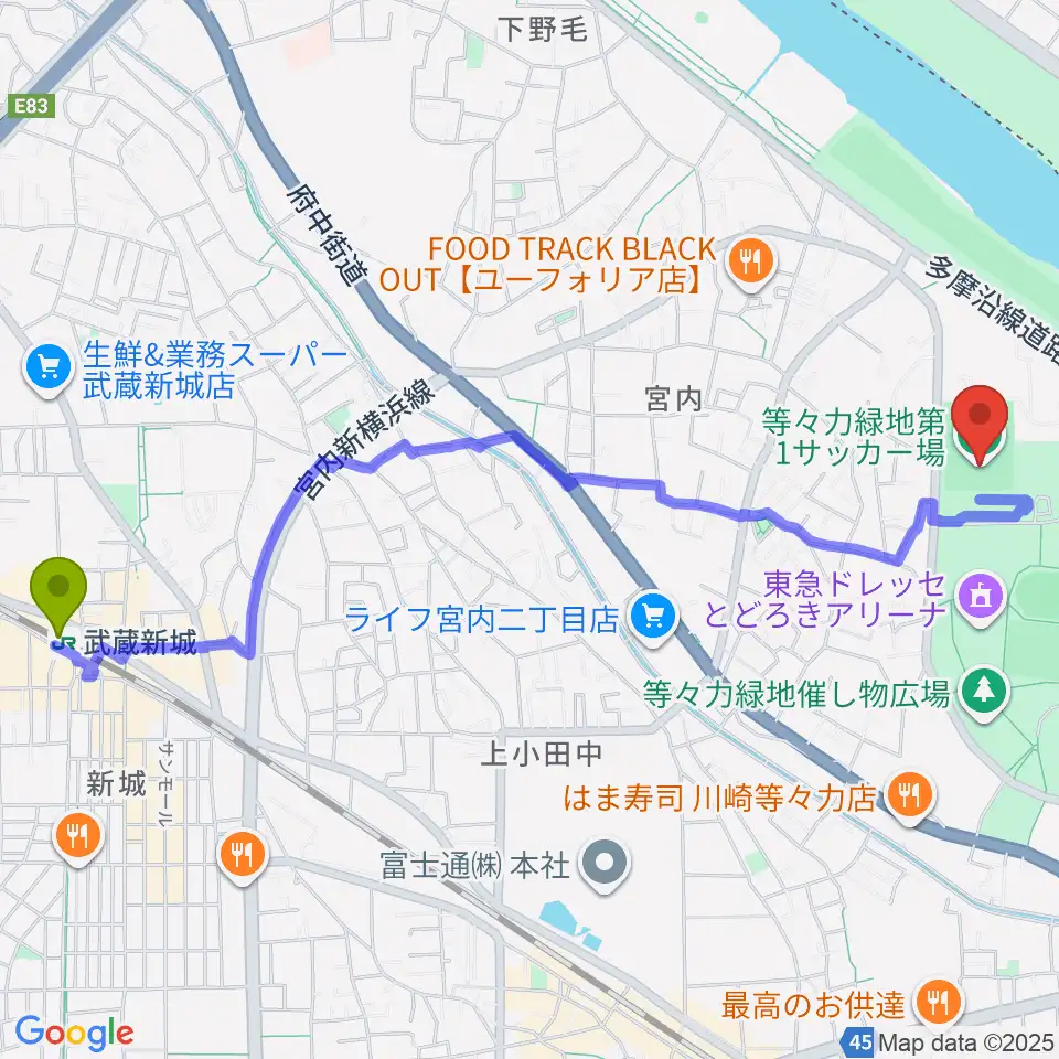 武蔵新城駅から等々力第1・第2サッカー場へのルートマップ地図