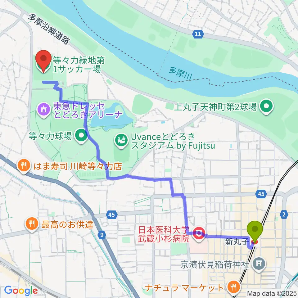 新丸子駅から等々力第1・第2サッカー場へのルートマップ地図