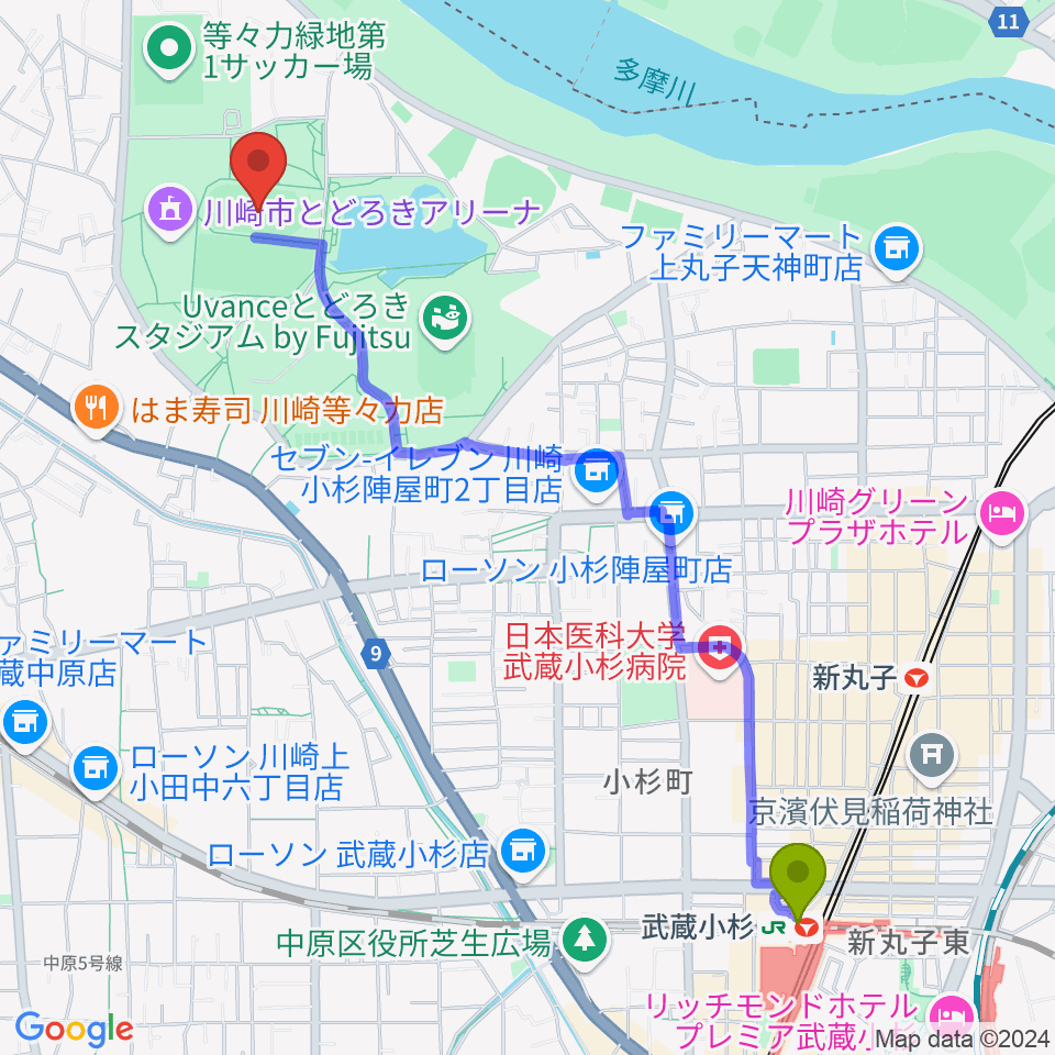 武蔵小杉駅から等々力補助陸上競技場へのルートマップ地図