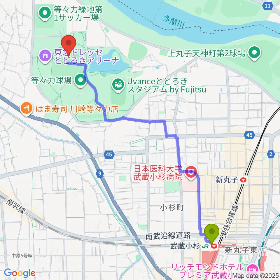 武蔵小杉駅から等々力補助陸上競技場へのルートマップ地図