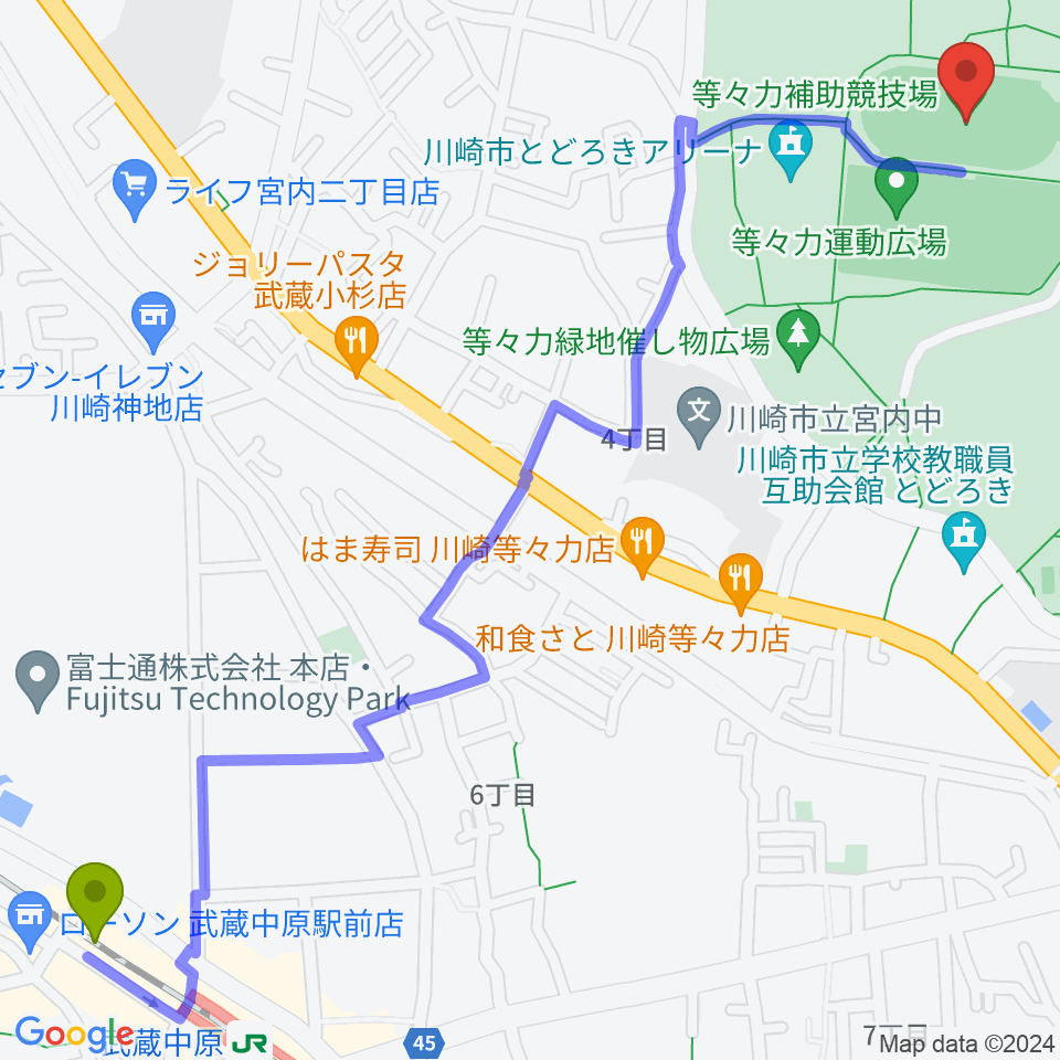 等々力補助陸上競技場の最寄駅武蔵中原駅からの徒歩ルート（約18分）地図