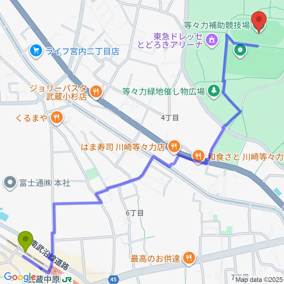等々力補助陸上競技場の最寄駅武蔵中原駅からの徒歩ルート（約18分）地図
