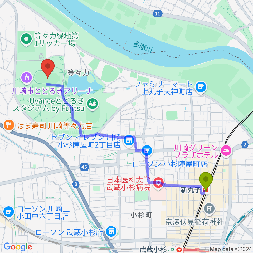 新丸子駅から等々力補助陸上競技場へのルートマップ地図