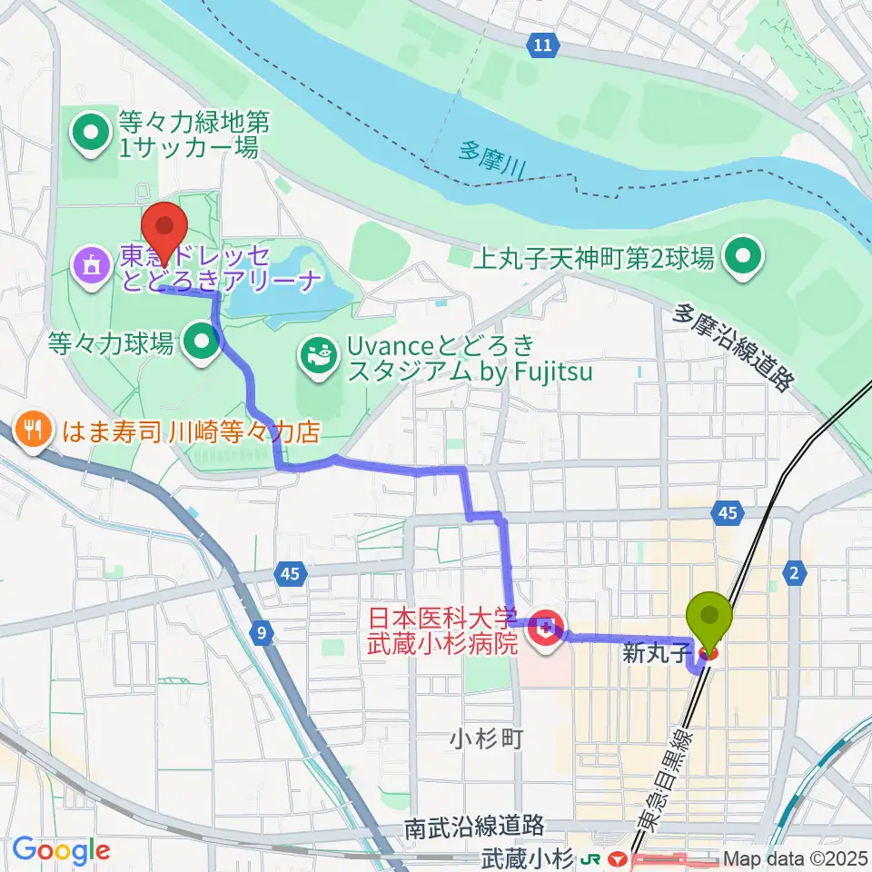 新丸子駅から等々力補助陸上競技場へのルートマップ地図