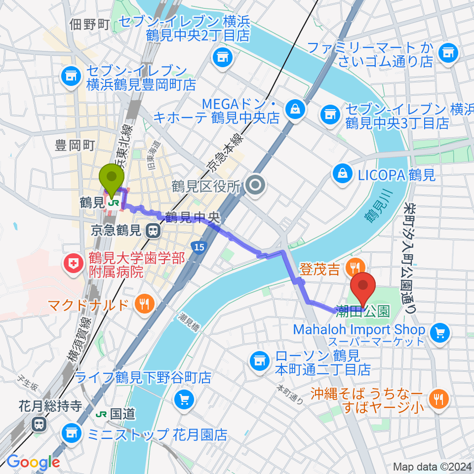 鶴見駅から潮田公園野球場へのルートマップ地図