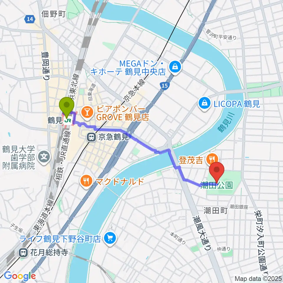 鶴見駅から潮田公園野球場へのルートマップ地図