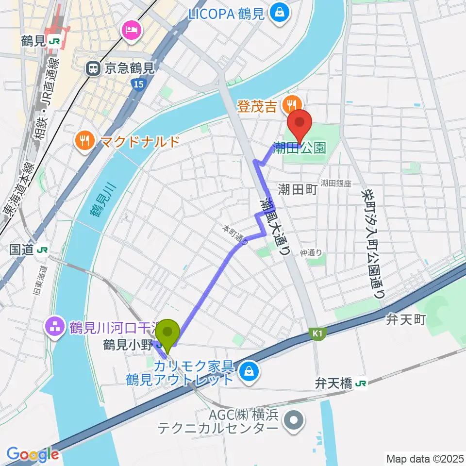 潮田公園野球場の最寄駅鶴見小野駅からの徒歩ルート（約17分）地図