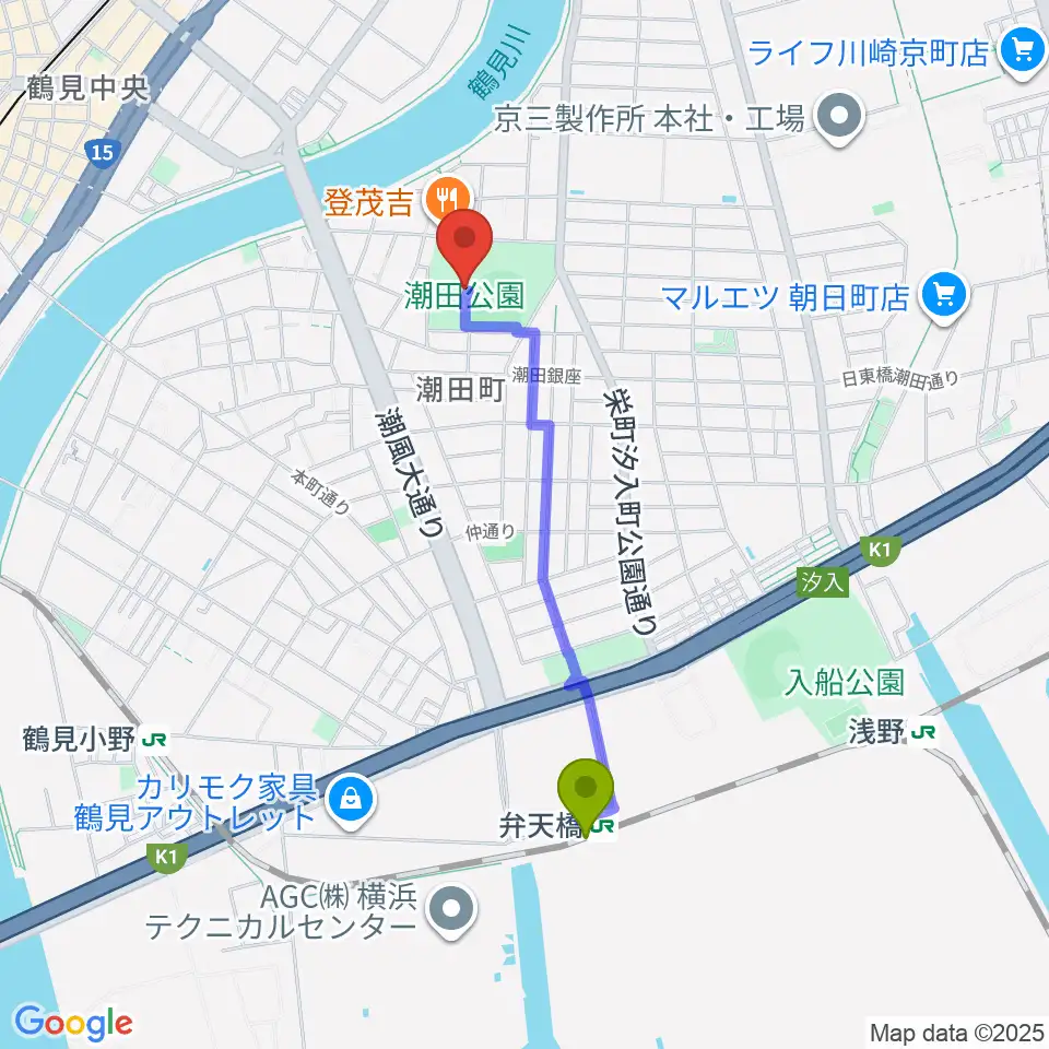 弁天橋駅から潮田公園野球場へのルートマップ地図