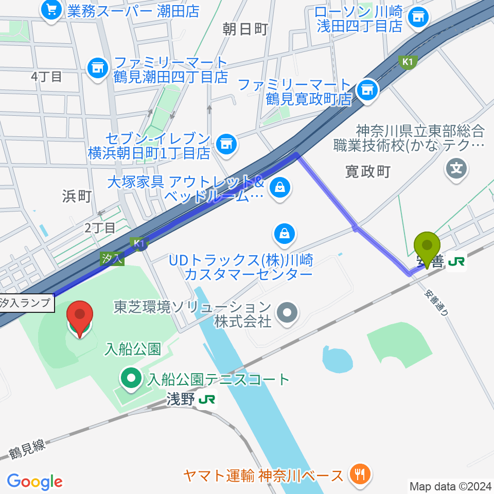 安善駅から入船公園野球場へのルートマップ地図