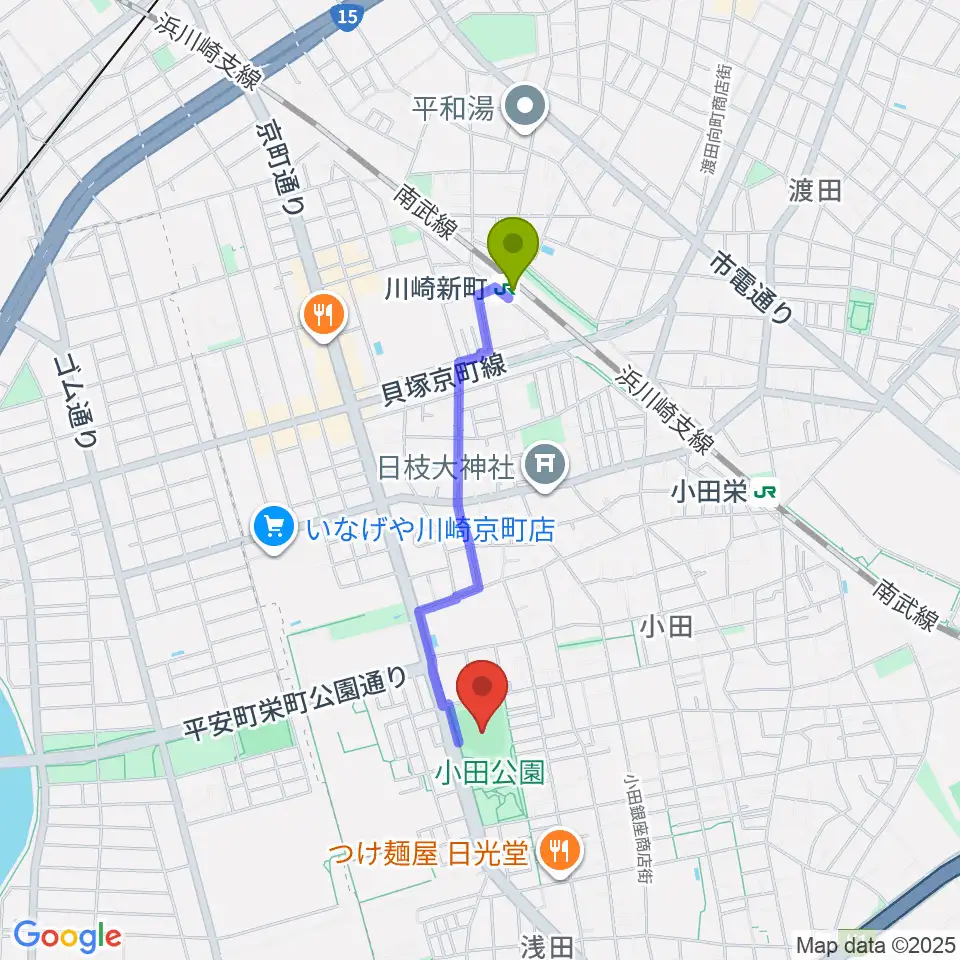 川崎新町駅から小田球場へのルートマップ地図