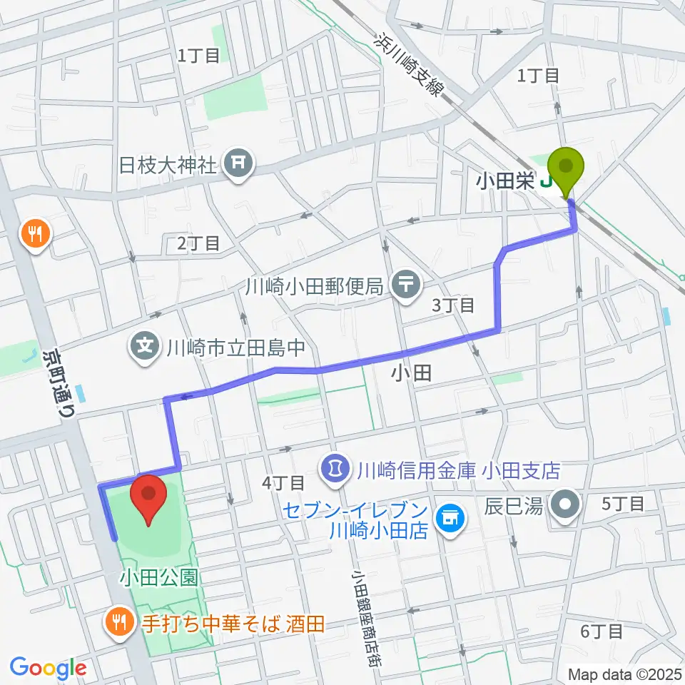 小田球場の最寄駅小田栄駅からの徒歩ルート（約12分）地図