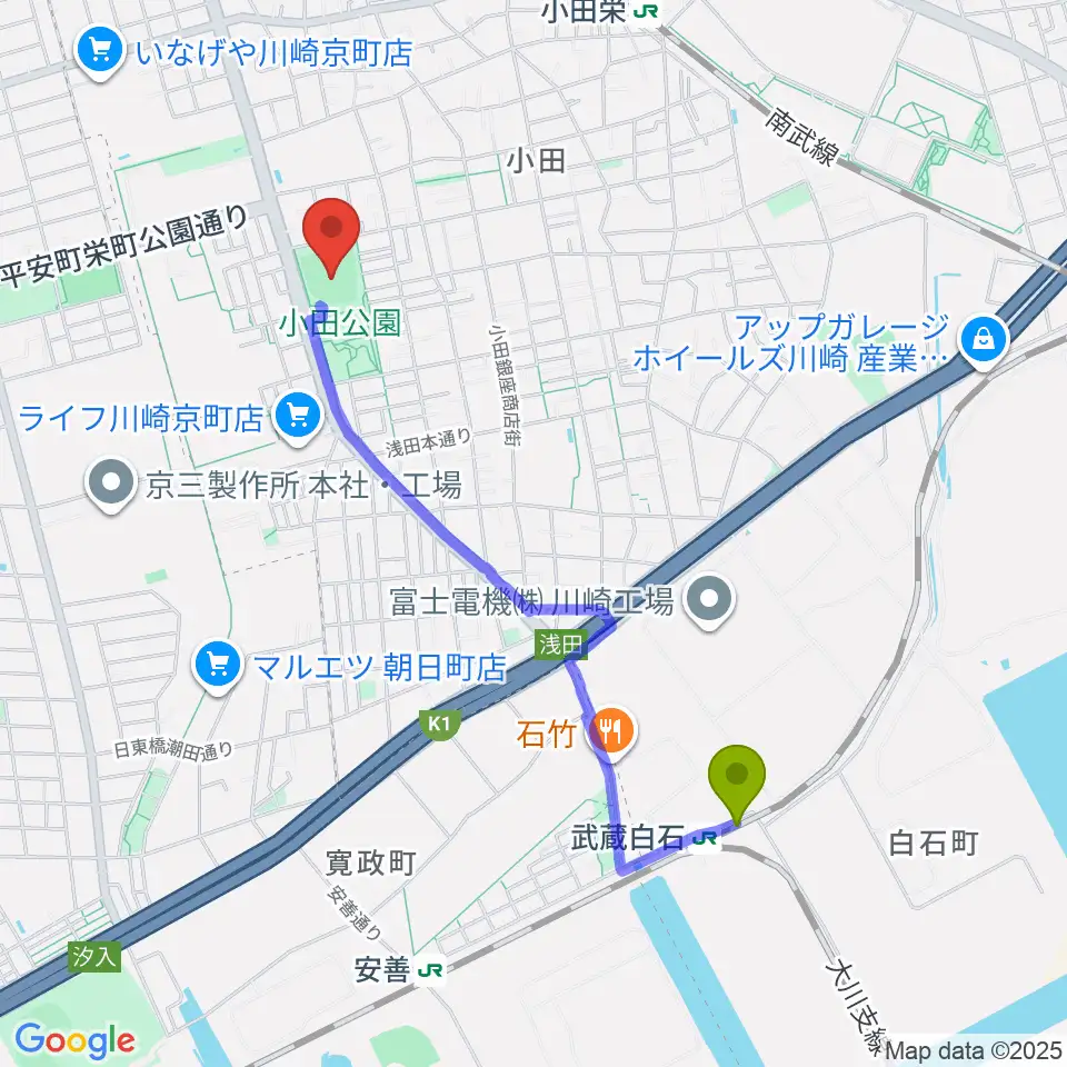 武蔵白石駅から小田球場へのルートマップ地図