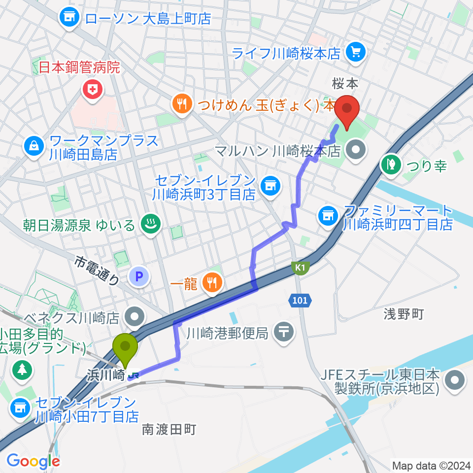 桜川公園野球場の最寄駅浜川崎駅からの徒歩ルート（約21分）地図