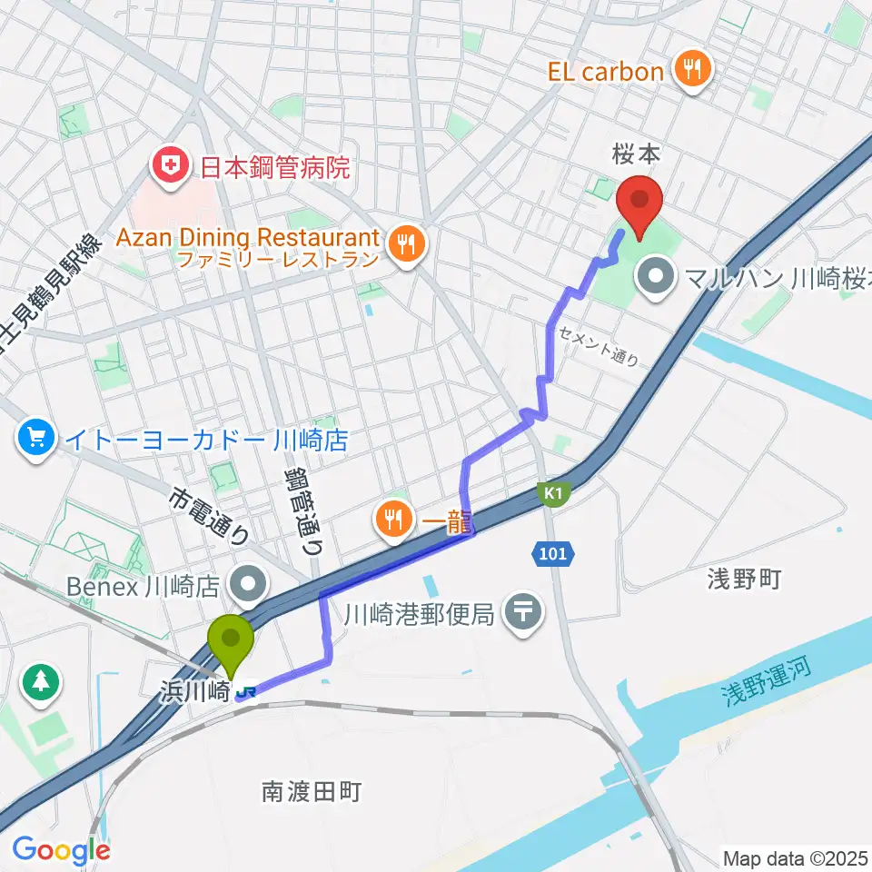 桜川公園野球場の最寄駅浜川崎駅からの徒歩ルート（約21分）地図