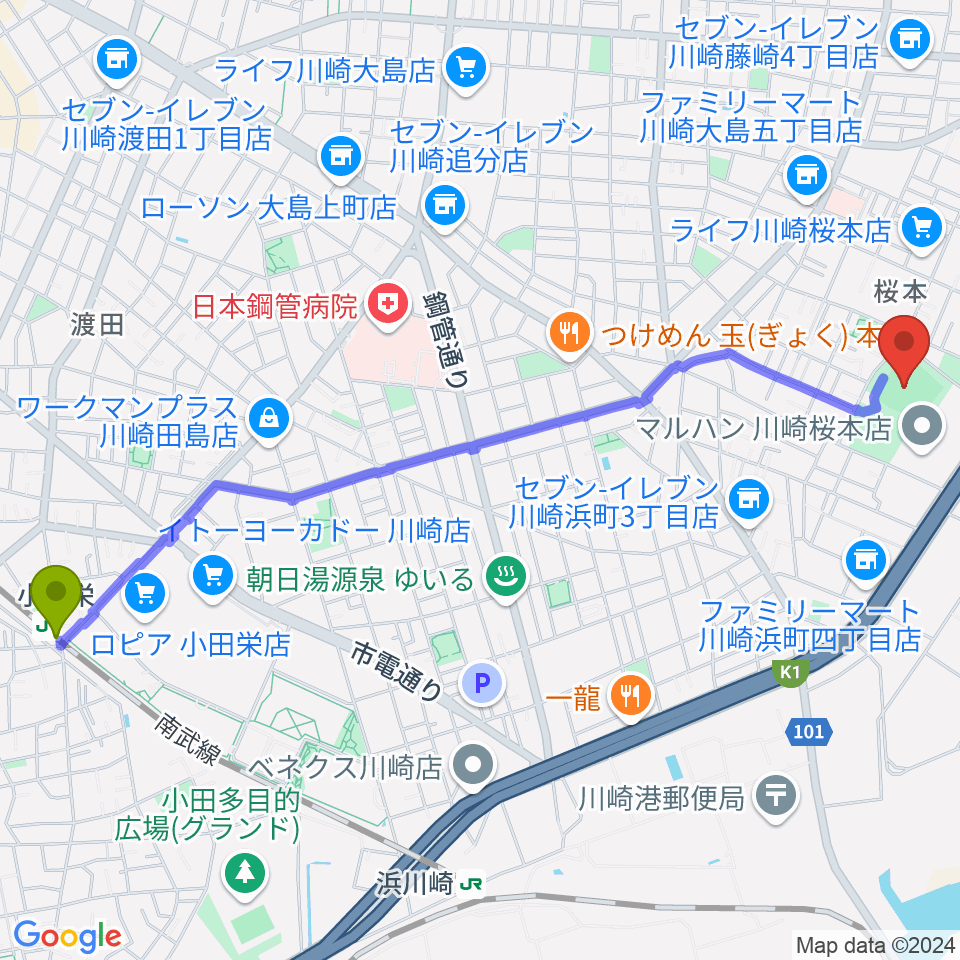 小田栄駅から桜川公園野球場へのルートマップ地図