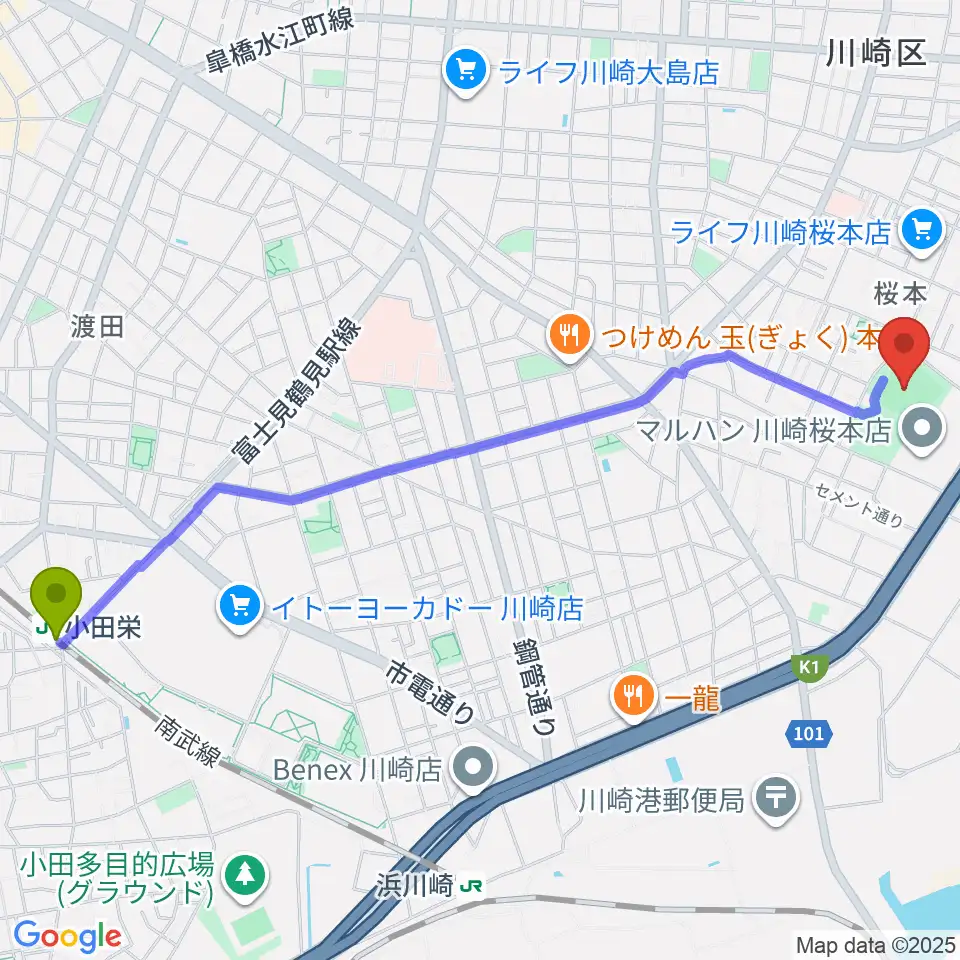 小田栄駅から桜川公園野球場へのルートマップ地図