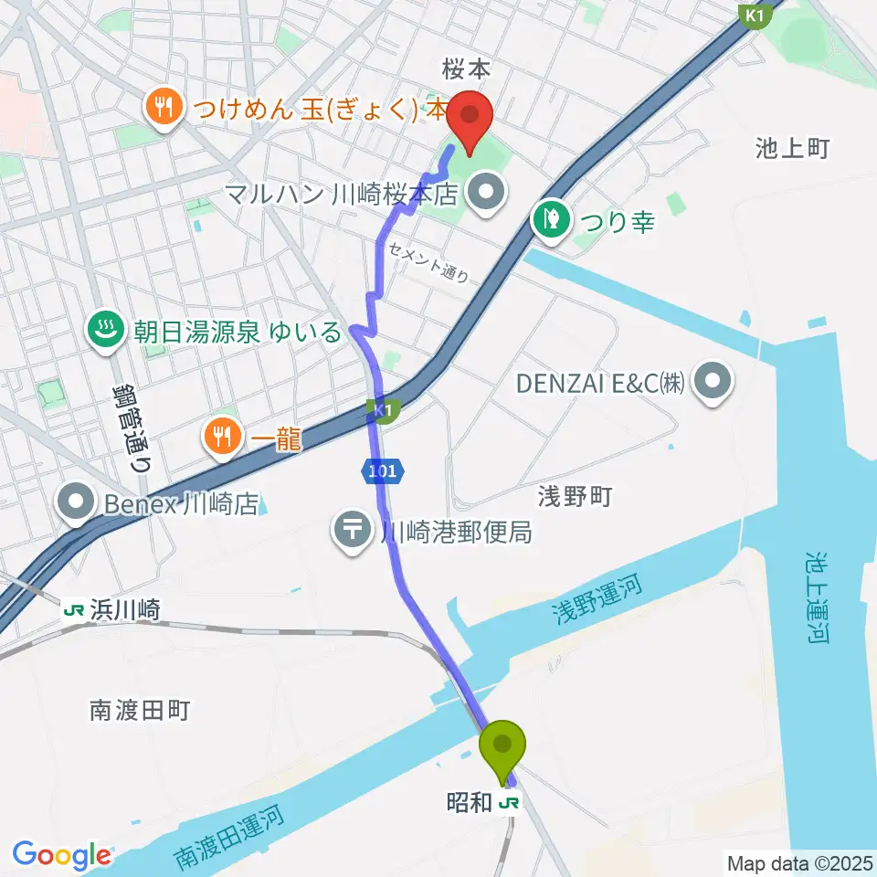 昭和駅から桜川公園野球場へのルートマップ地図