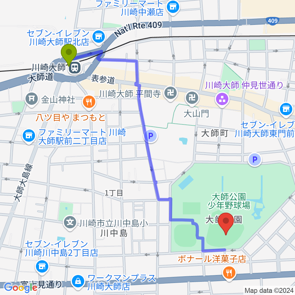 川崎大師駅から大師球場へのルートマップ地図