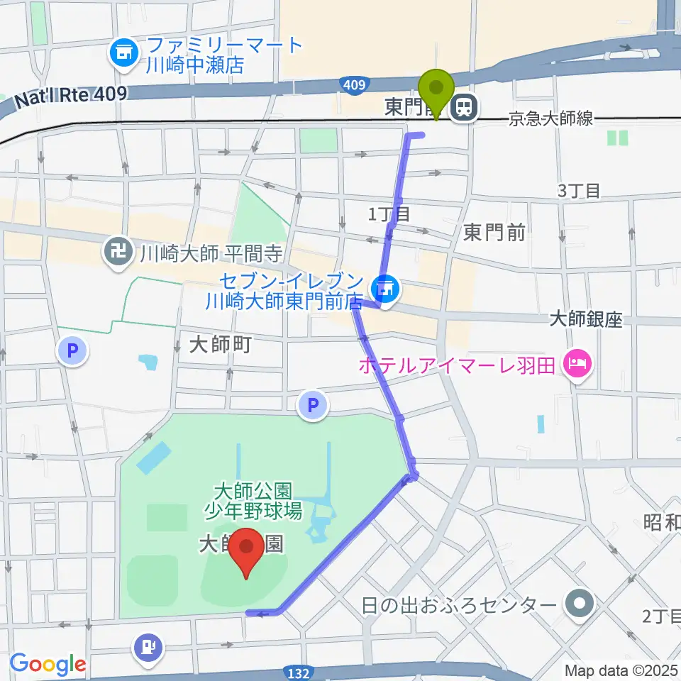 大師球場の最寄駅東門前駅からの徒歩ルート（約11分）地図