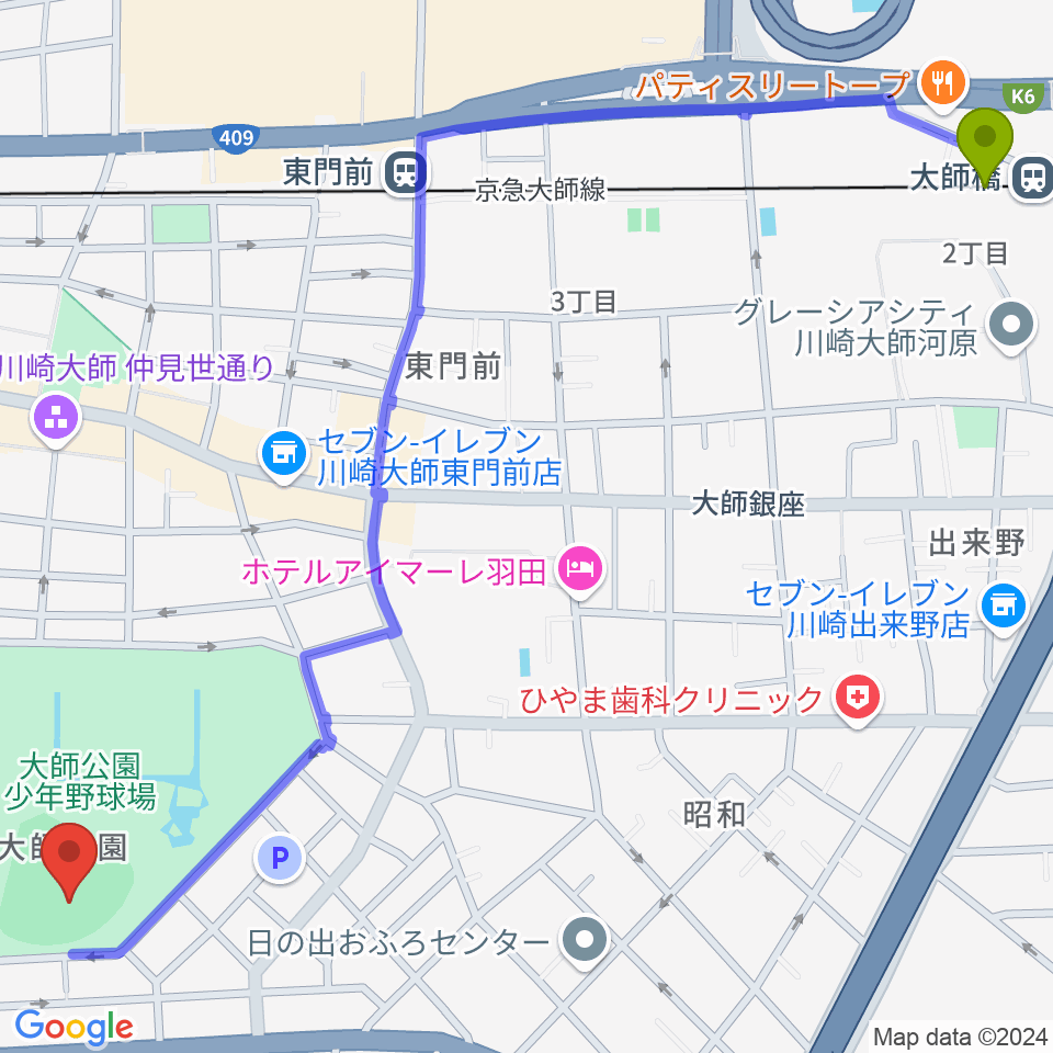 大師橋駅から大師球場へのルートマップ地図