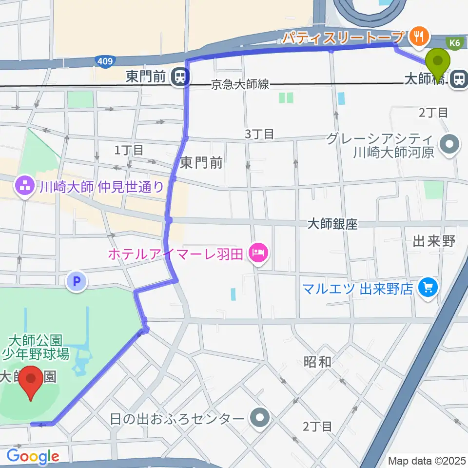 大師橋駅から大師球場へのルートマップ地図