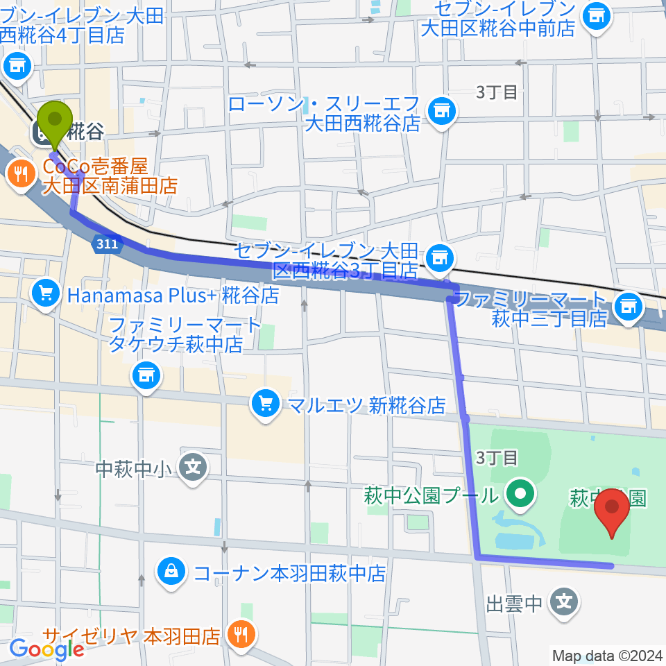 糀谷駅から萩中公園野球場へのルートマップ地図