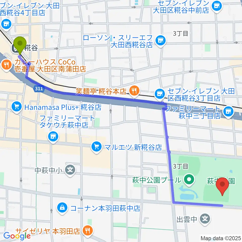 糀谷駅から萩中公園野球場へのルートマップ地図