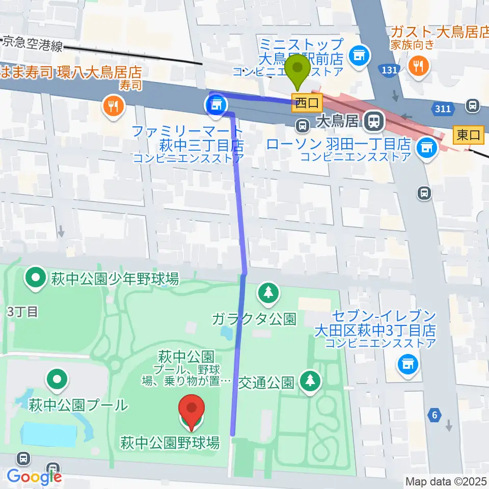 萩中公園野球場の最寄駅大鳥居駅からの徒歩ルート（約6分）地図