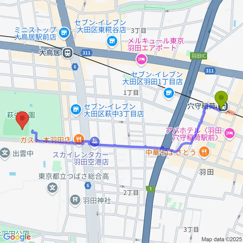 穴守稲荷駅から萩中公園野球場へのルートマップ地図