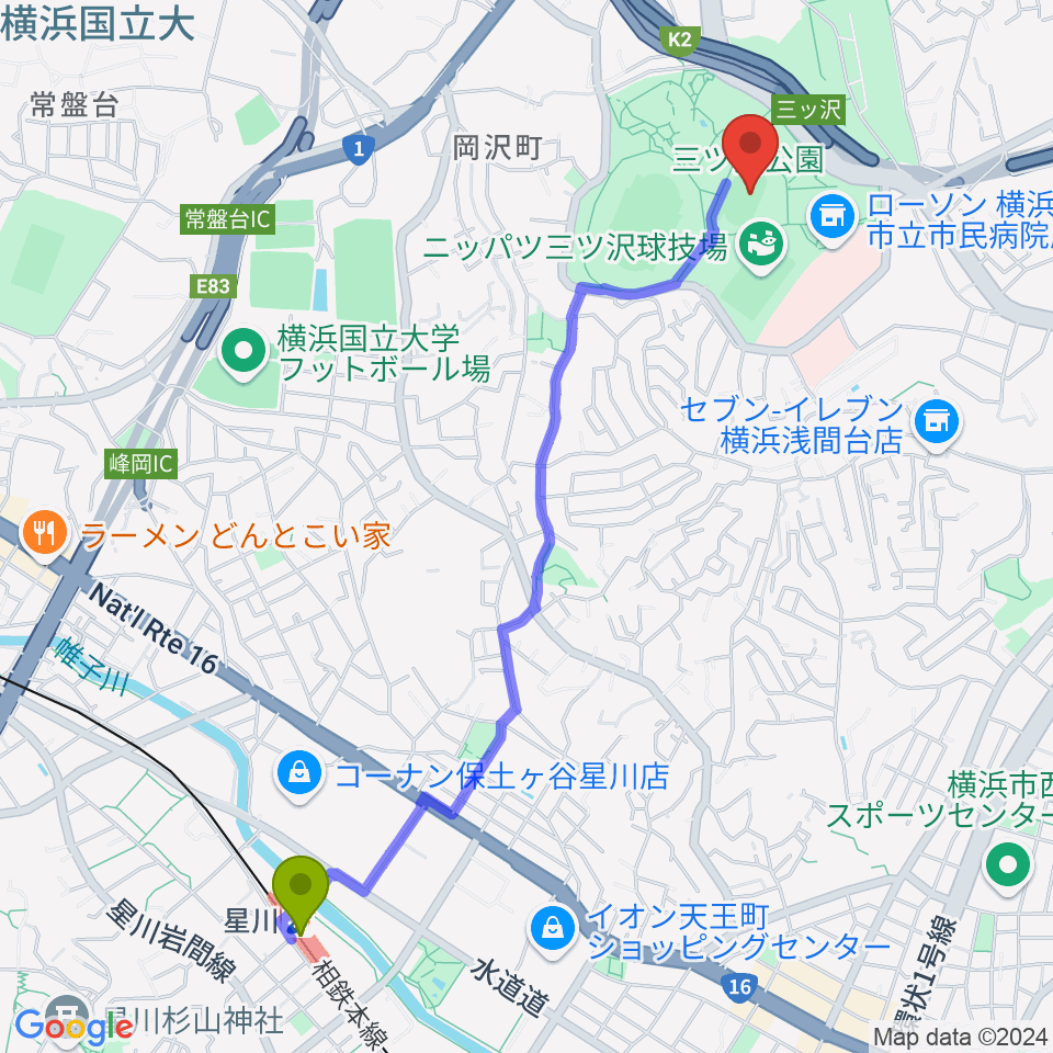 星川駅から三ツ沢公園補助陸上競技場へのルートマップ地図