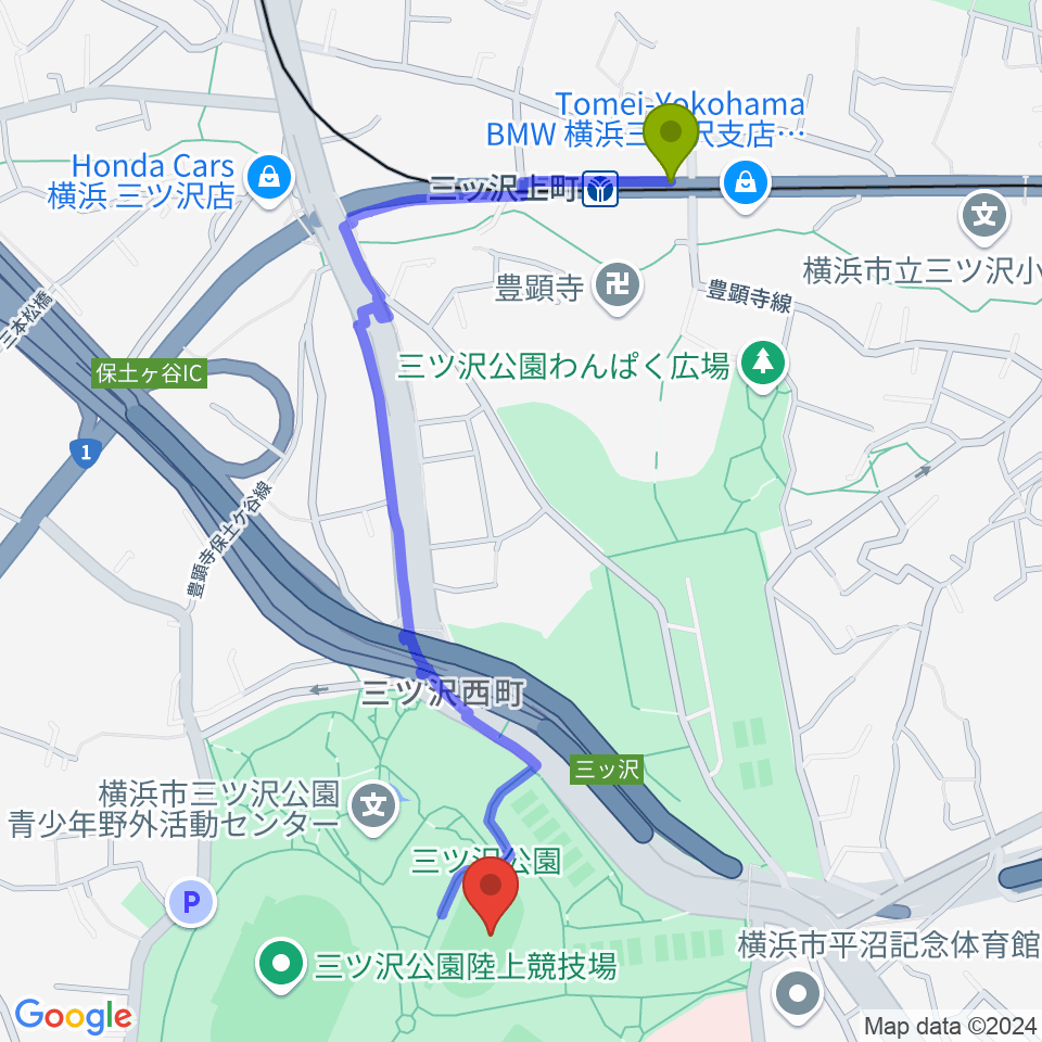 三ツ沢公園補助陸上競技場の最寄駅三ツ沢上町駅からの徒歩ルート（約12分）地図