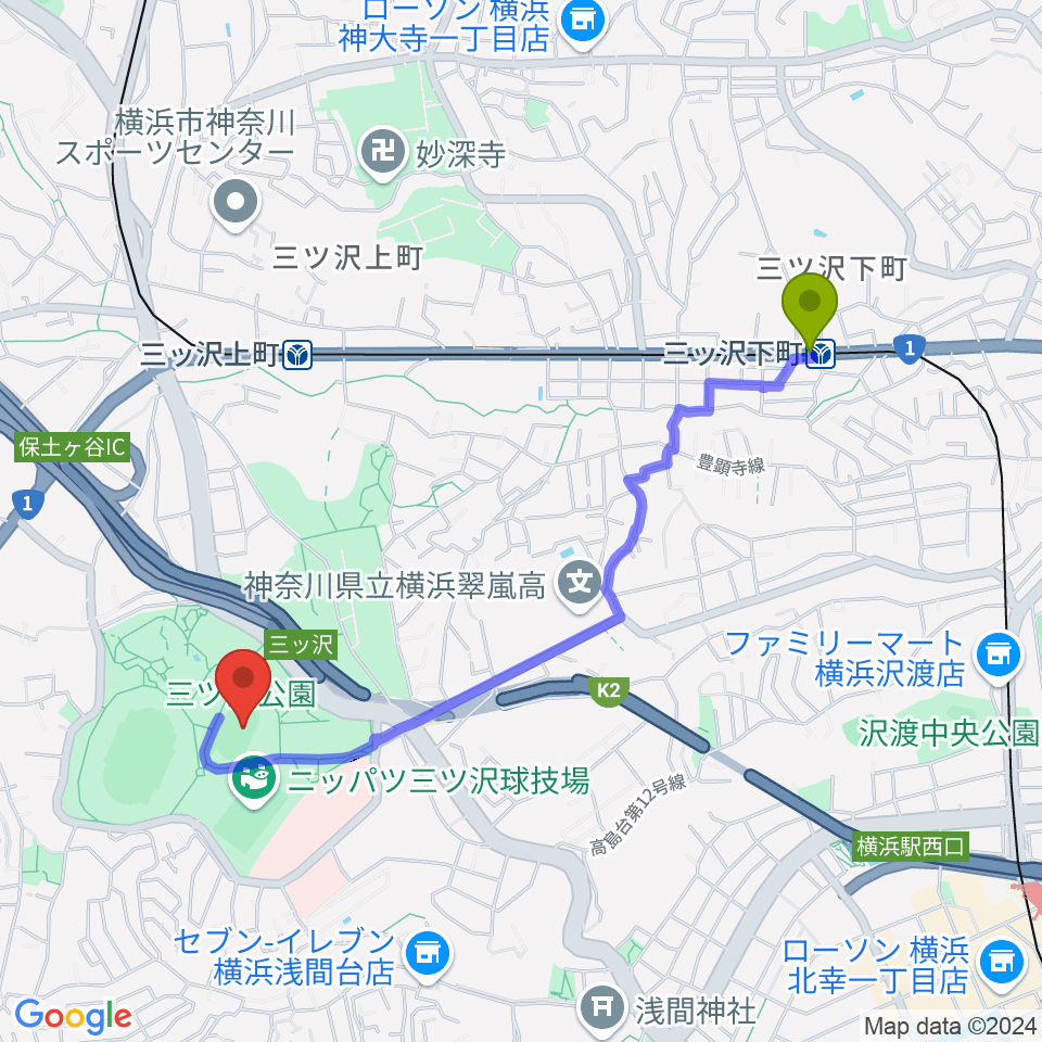 三ツ沢下町駅から三ツ沢公園補助陸上競技場へのルートマップ地図