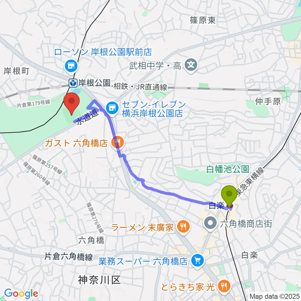 白楽駅から岸根公園野球場へのルートマップ地図