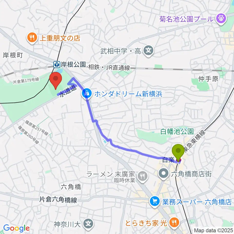 白楽駅から岸根公園野球場へのルートマップ地図