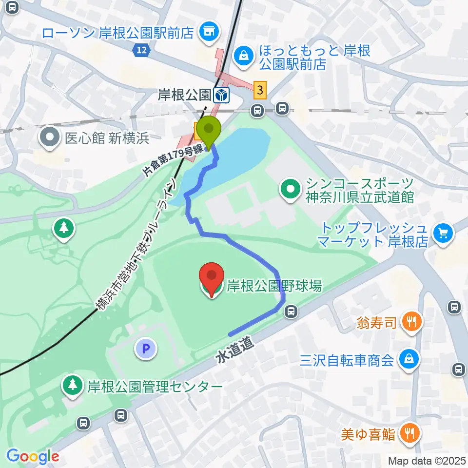 岸根公園野球場の最寄駅岸根公園駅からの徒歩ルート（約2分）地図