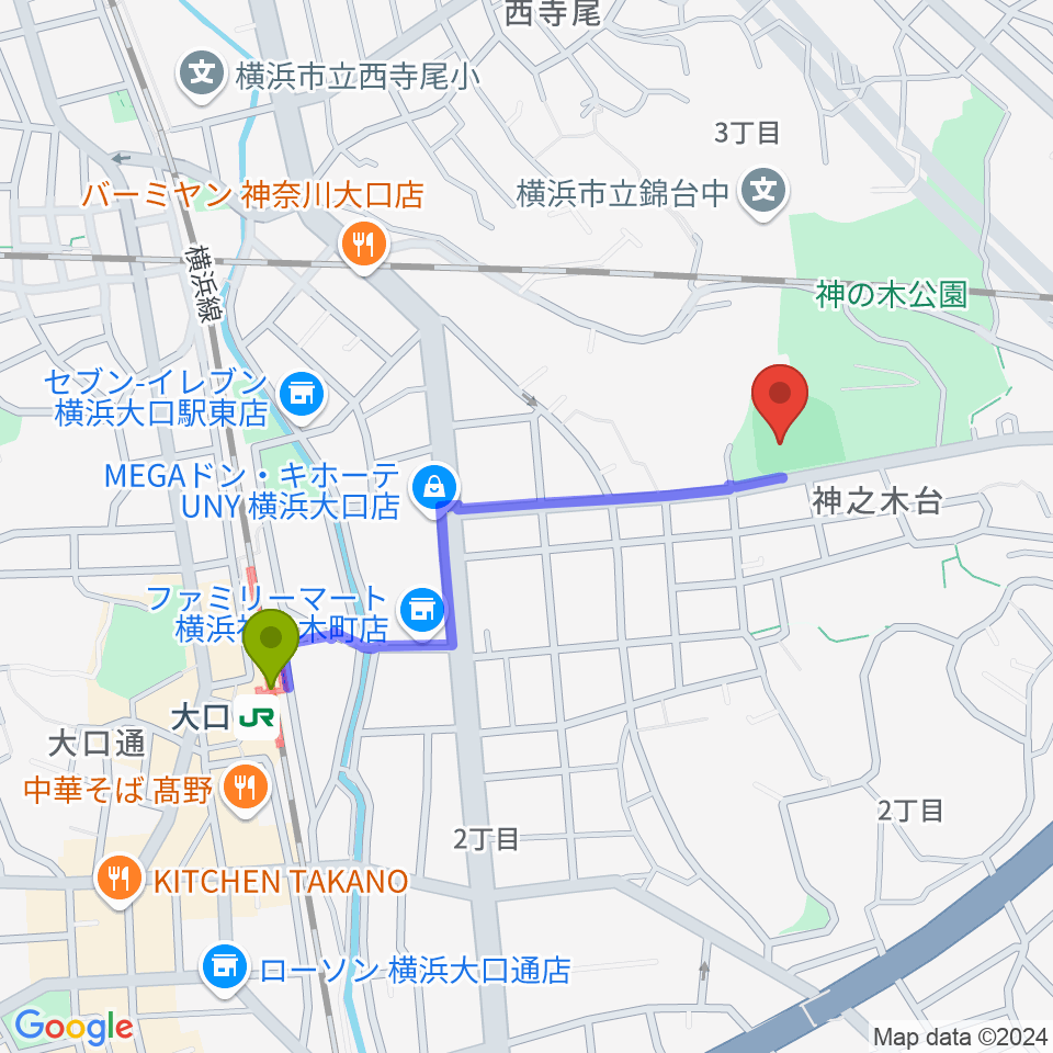 神の木公園野球場 の最寄駅大口駅からの徒歩ルート（約8分）地図