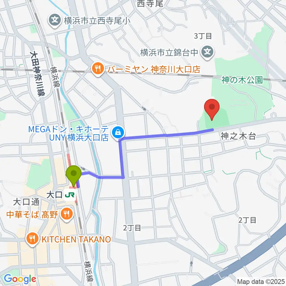 神の木公園野球場 の最寄駅大口駅からの徒歩ルート（約8分）地図