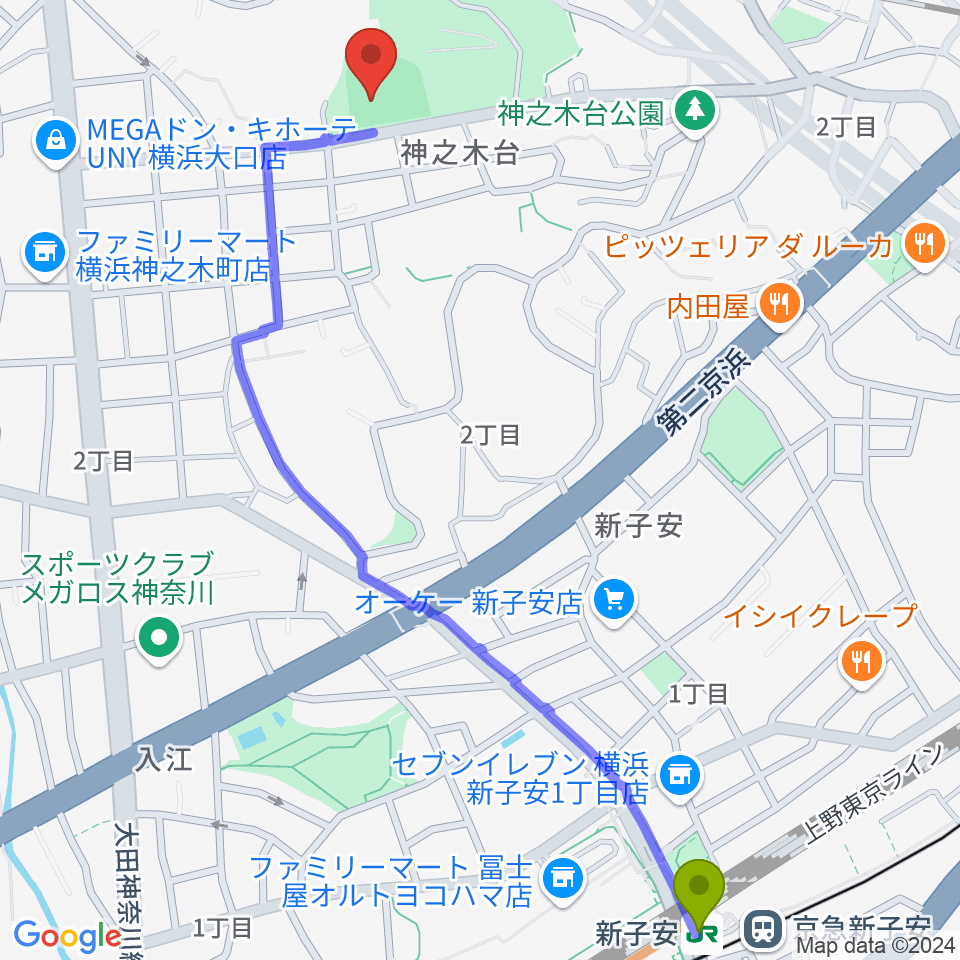 新子安駅から神の木公園野球場 へのルートマップ地図