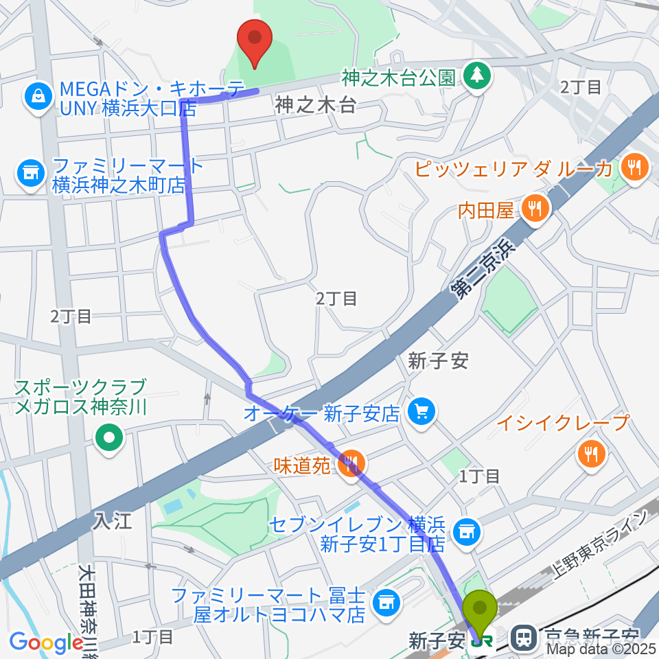 新子安駅から神の木公園野球場 へのルートマップ地図