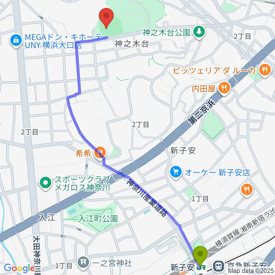 新子安駅から神の木公園野球場 へのルートマップ地図