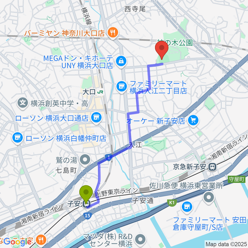 子安駅から神の木公園野球場 へのルートマップ地図