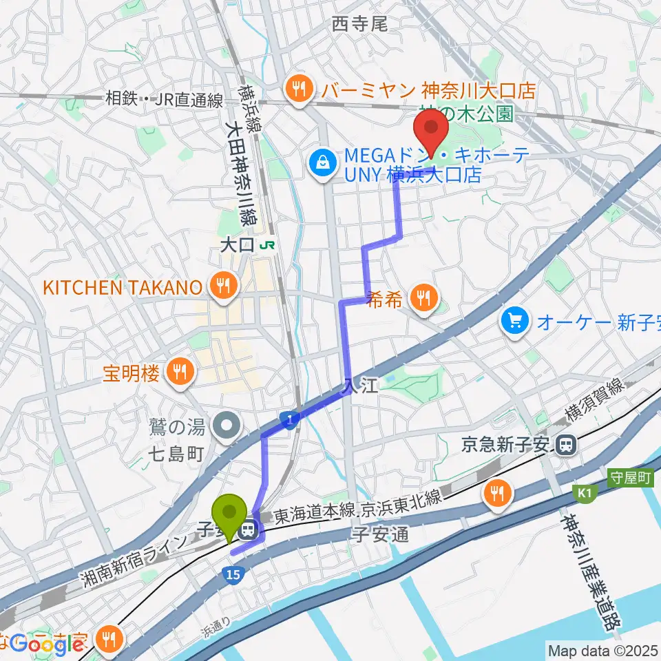 子安駅から神の木公園野球場 へのルートマップ地図