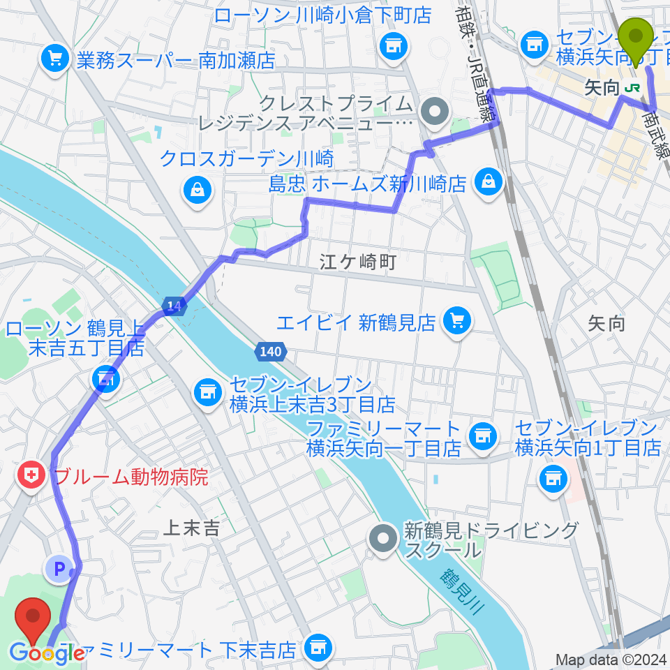 矢向駅から三ツ池公園軟式野球場へのルートマップ地図