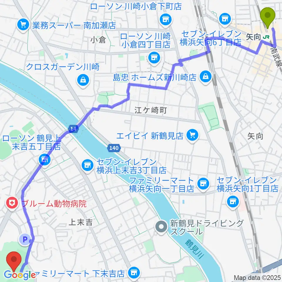 矢向駅から三ツ池公園軟式野球場へのルートマップ地図
